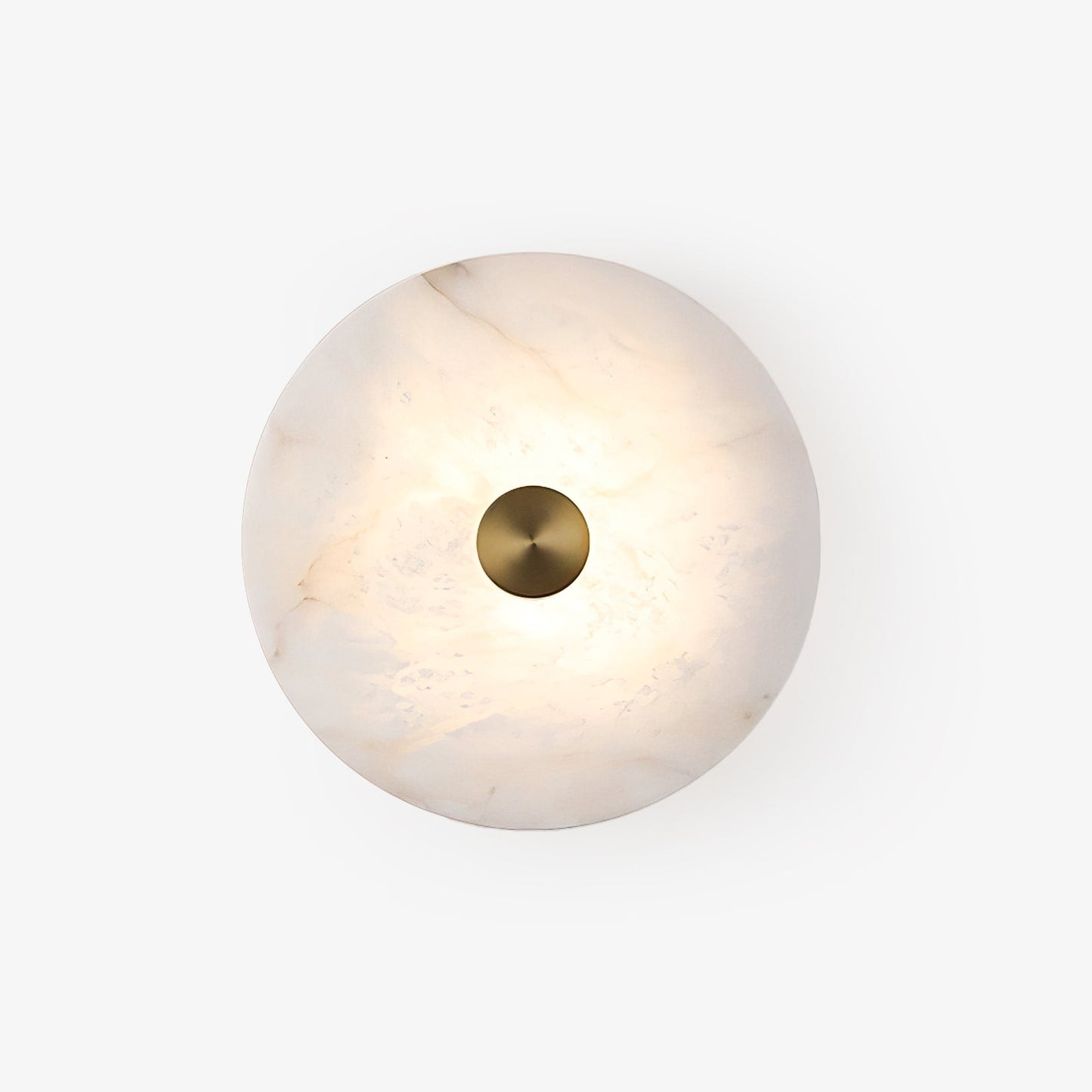 Circular Alabaster Disc LED Wall Light / ∅ 7.9″ x H 2.8″ / Brass & White / Warm Light