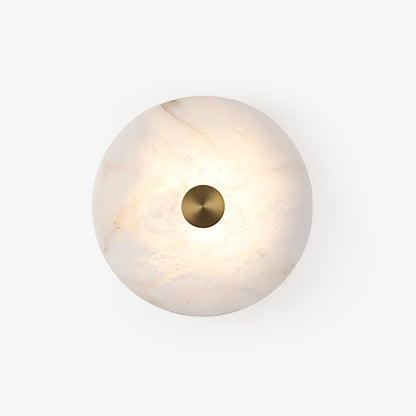 Circular Alabaster Disc LED Wall Light / ∅ 7.9″ x H 2.8″ / Brass & White / Warm Light