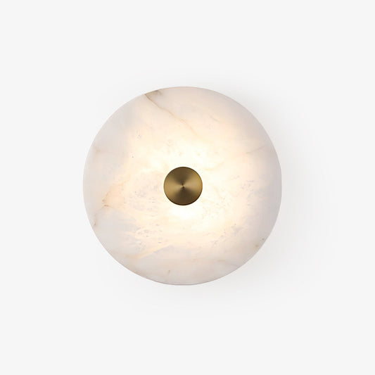 Circular Alabaster Disc LED Wall Light / ∅ 7.9″ x H 2.8″ / Brass & White / Warm Light