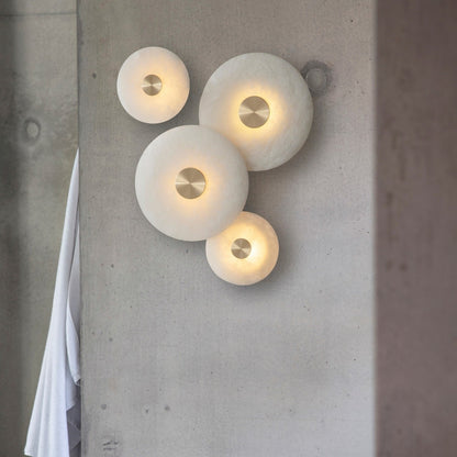 Circular Alabaster Disc LED Wall Light / ∅ 9.8″ x H 2.8″ / Brass & White / Warm Light