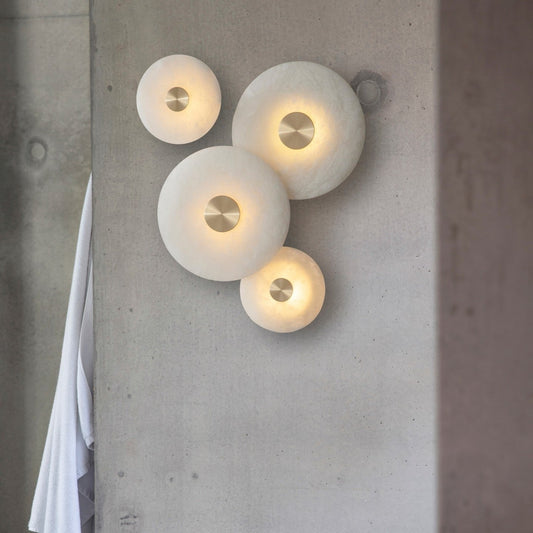 Circular Alabaster Disc LED Wall Light / ∅ 9.8″ x H 2.8″ / Brass & White / Warm Light