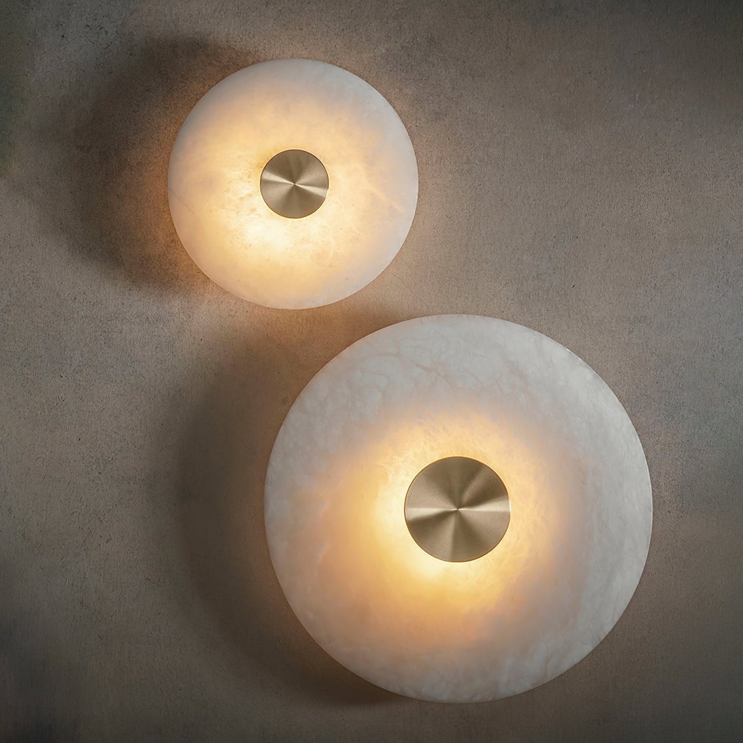 Circular Alabaster Disc LED Wall Light / ∅ 13.8″ x H 2.8″ / Brass & White / Warm Light