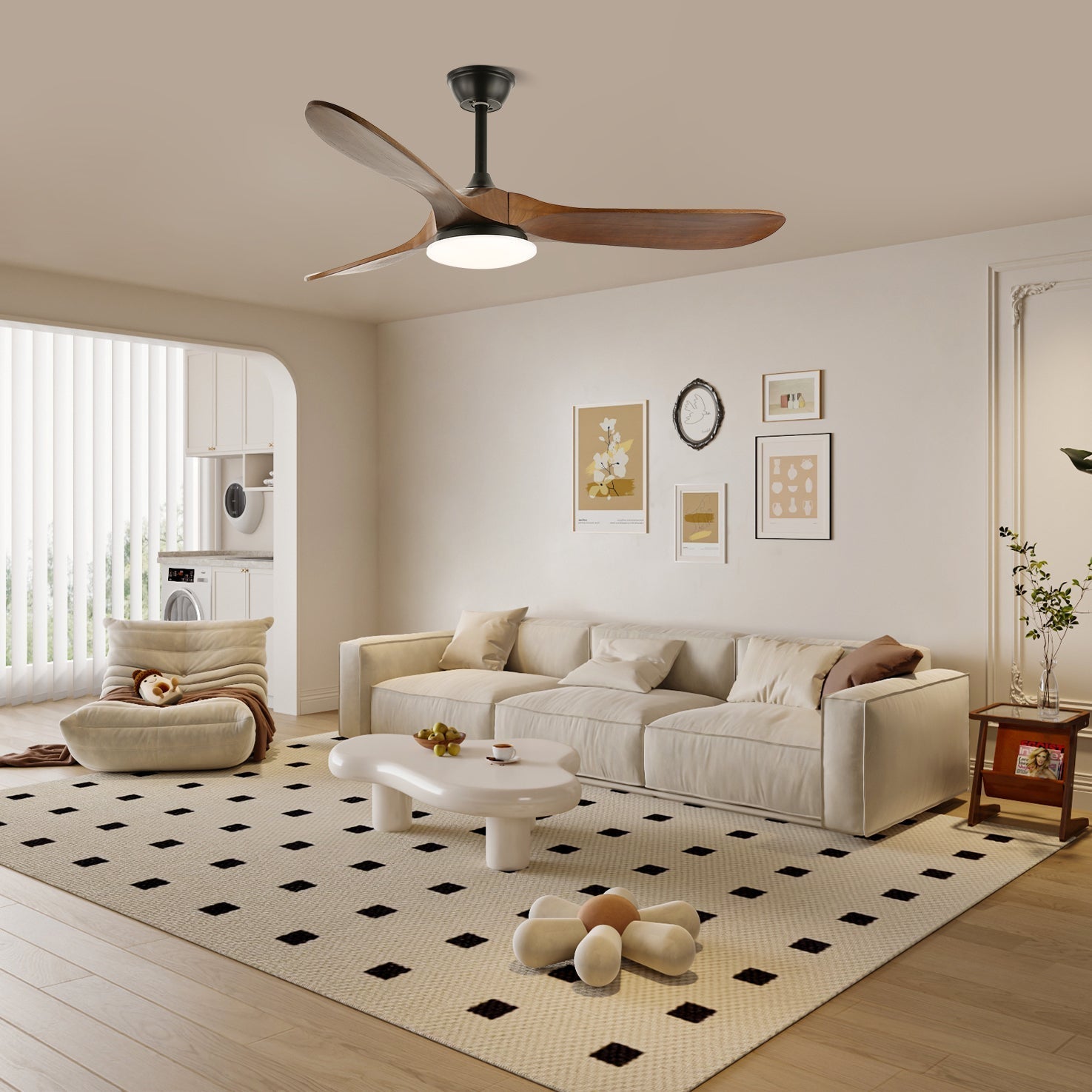 Modern Timber Blade LED Ceiling Fan / ∅ 42″ x H 9.8″ / Model D ABS blades & White / Three-Color Changing Light