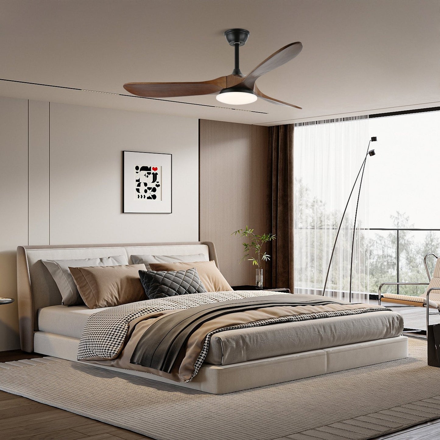 Modern Timber Blade LED Ceiling Fan / ∅ 52″ X H 9.8″ / Model A Walnut Wood Grain & Black / Three-Color Changing Light