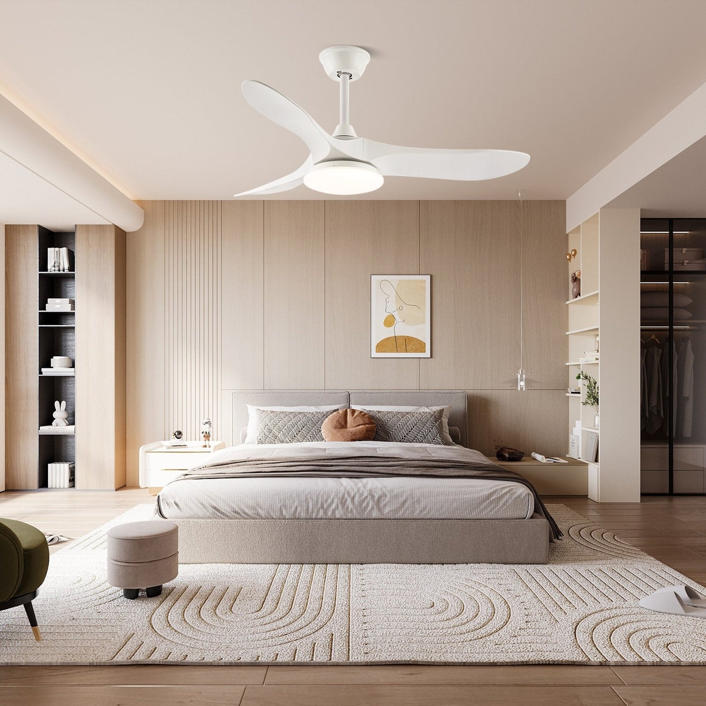 Modern Timber Blade LED Ceiling Fan / ∅ 52″ X H 9.8″ / Model C Nature Wood Grain & White / Three-Color Changing Light
