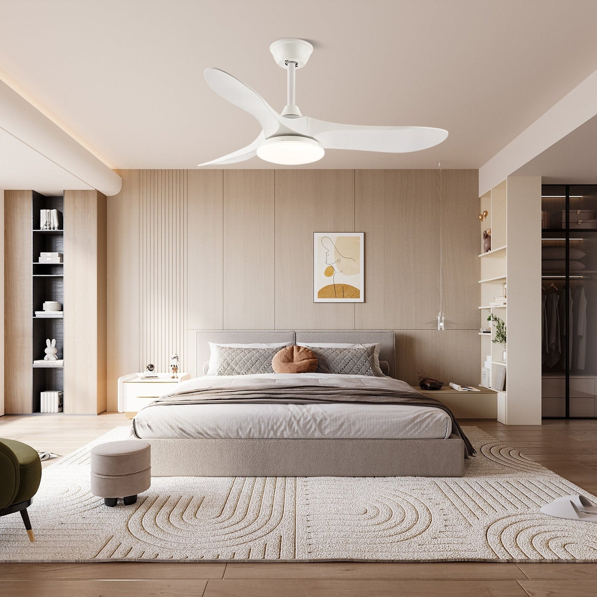 Modern Timber Blade LED Ceiling Fan / ∅ 52″ X H 9.8″ / Model C Nature Wood Grain & White / Three-Color Changing Light
