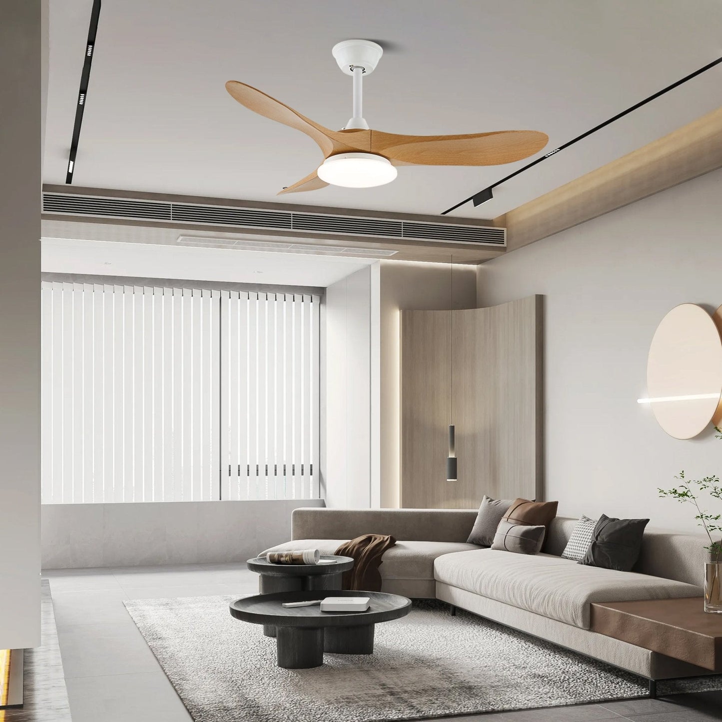 Modern Timber Blade LED Ceiling Fan / ∅ 52″ X H 9.8″ / Model D ABS blades & White / Three-Color Changing Light
