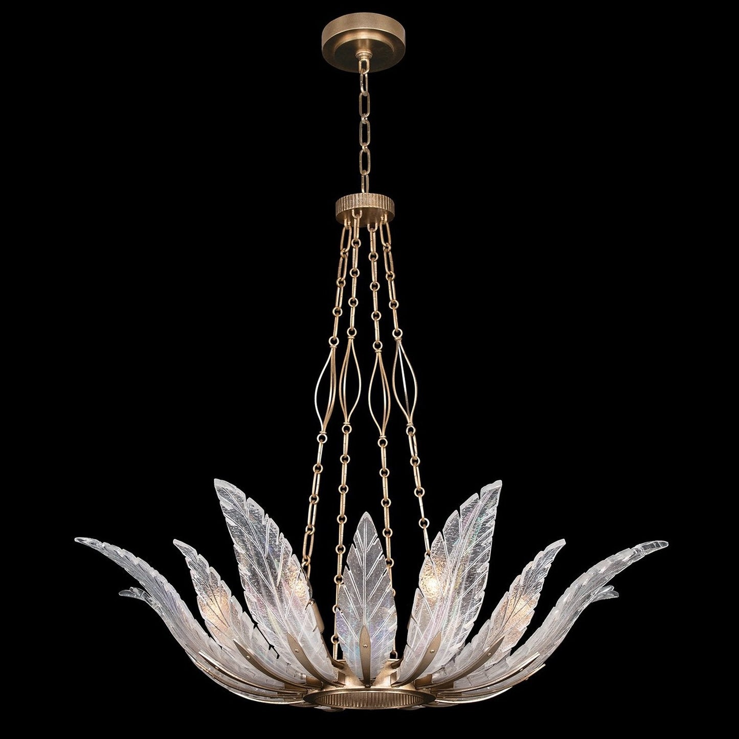 Plume Handblown Glass Round Pendant / Dichroic Feathers / Gold