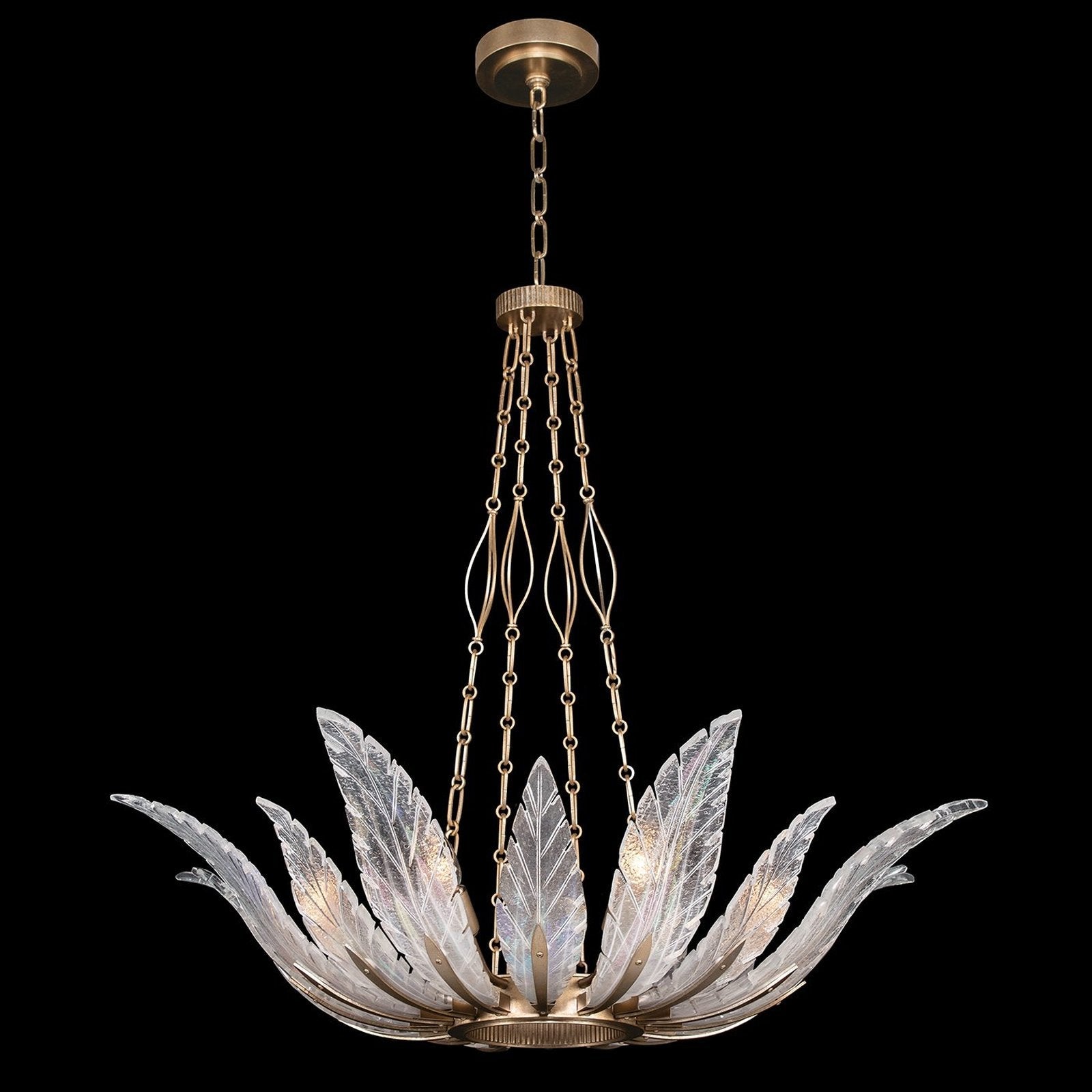 Plume Handblown Glass Round Pendant / Dichroic Feathers / Gold