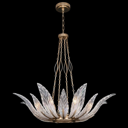 Plume Handblown Glass Round Pendant / Dichroic Feathers / Gold