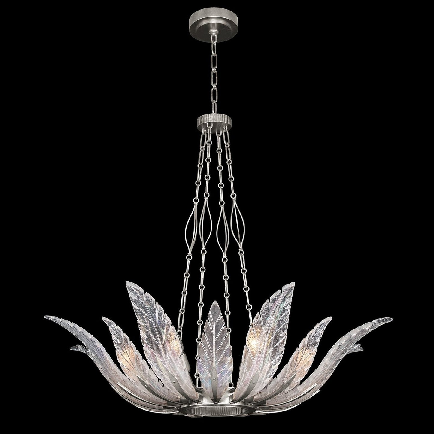 Plume Handblown Glass Round Pendant / White Feathers / Gold
