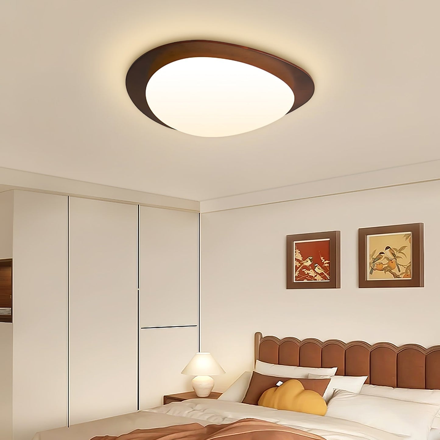 Sculptural Pebble LED Floor Lamp / ∅ 22.8″ x H 3.1″ / Dia 58cm x H 8cm / Walnut Wood / Cool Light