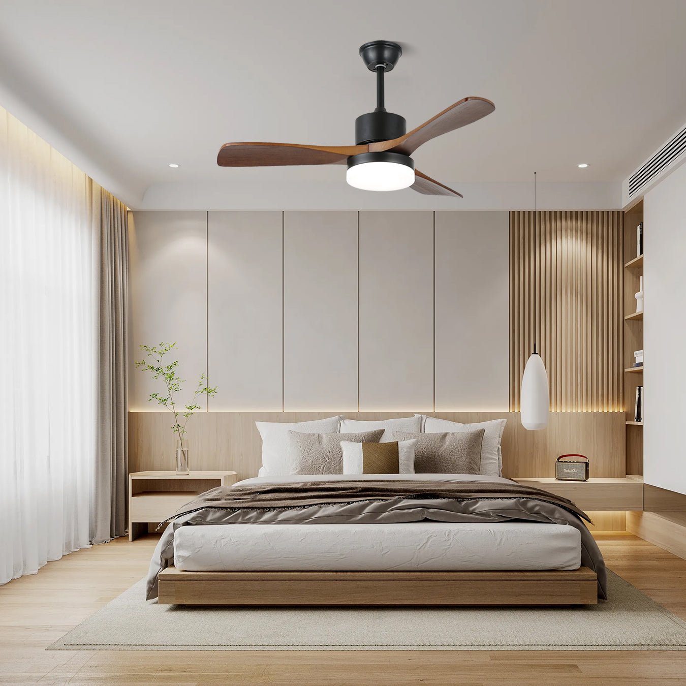 Walnut Timber Blade Remote Ceiling Fan / ∅ 48″ x H 11.8″ / Model B Walnut Wood Grain & Black / Three-Color Changing Light