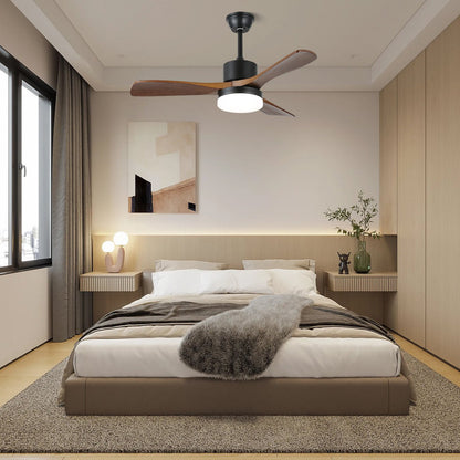 Walnut Timber Blade Remote Ceiling Fan / ∅ 48″ x H 11.8″ / Model C Walnut Wood Grain & Black / Three-Color Changing Light