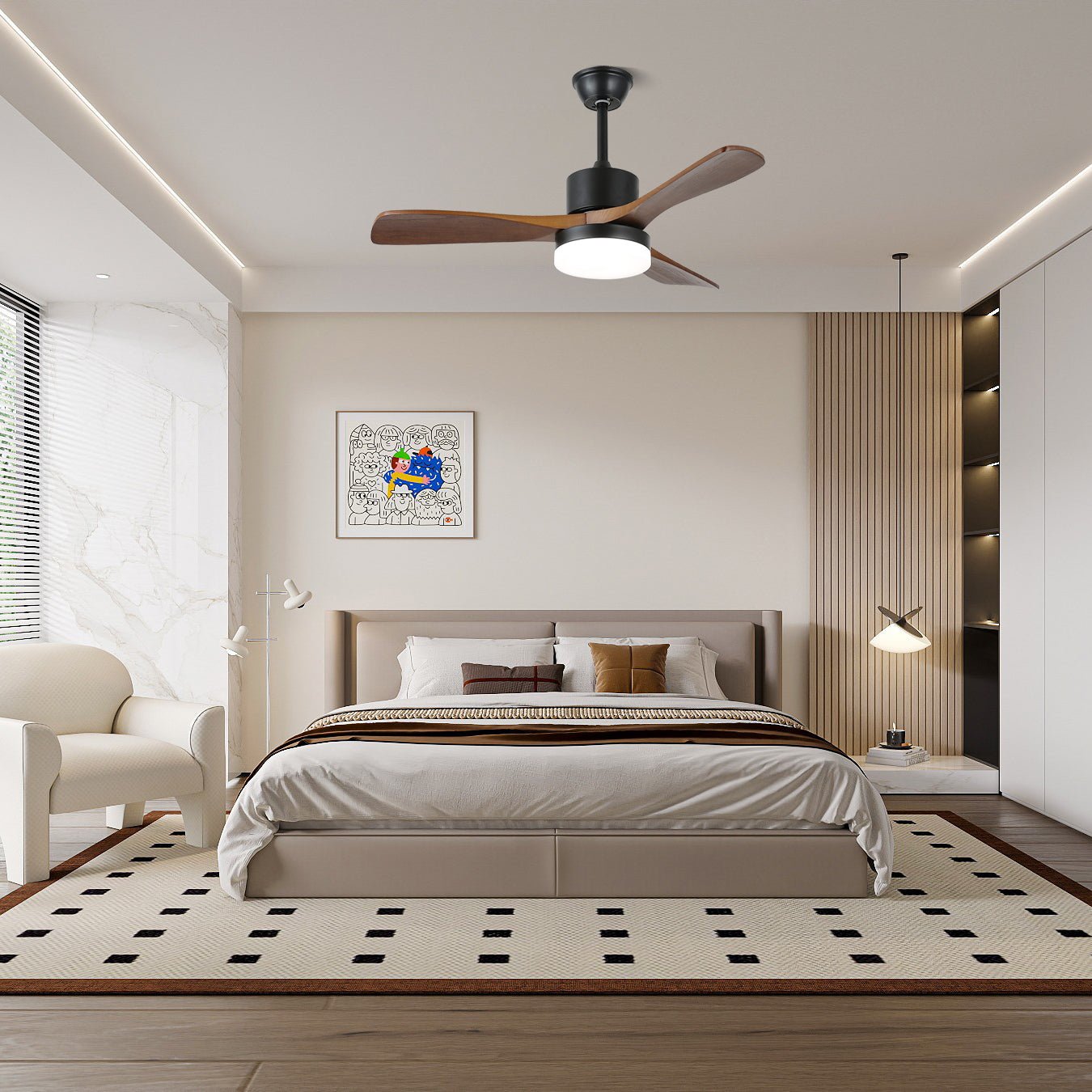 Walnut Timber Blade Remote Ceiling Fan / ∅ 48″ x H 11.8″ / Model D Walnut Wood Grain & Black / Three-Color Changing Light