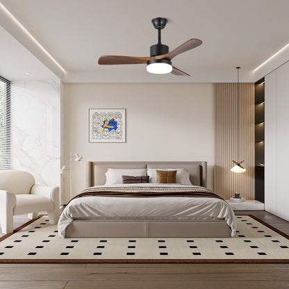 Walnut Timber Blade Remote Ceiling Fan / ∅ 48″ x H 11.8″ / Model D Walnut Wood Grain & Black / Three-Color Changing Light
