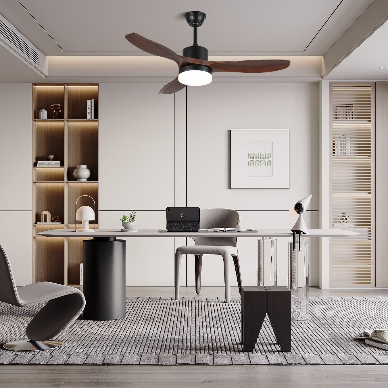 Walnut Timber Blade Remote Ceiling Fan / ∅ 52″ x H 11.8″ / Model A Walnut Wood Grain & Black / Three-Color Changing Light