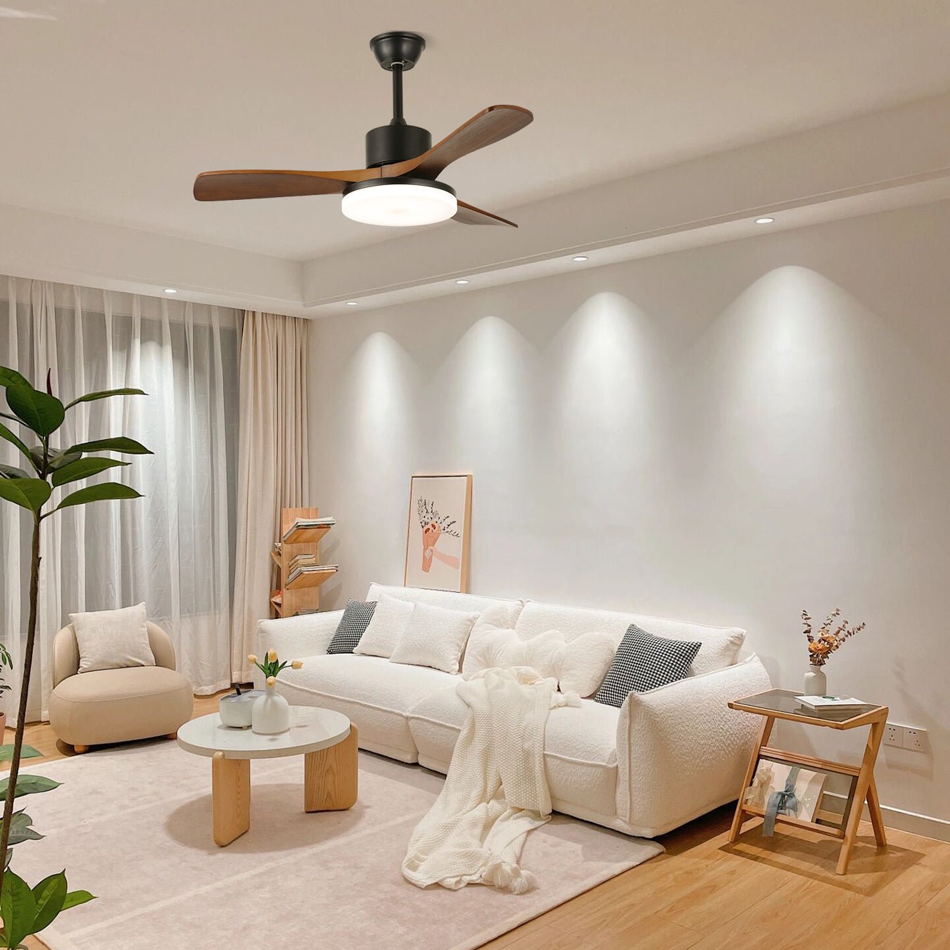 Walnut Timber Blade Remote Ceiling Fan / ∅ 52″ x H 11.8″ / Model B Walnut Wood Grain & Black / Three-Color Changing Light