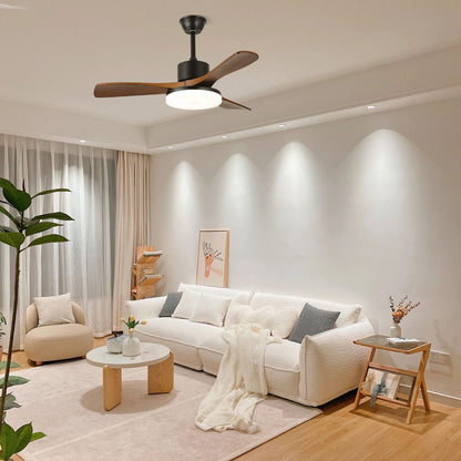Walnut Timber Blade Remote Ceiling Fan / ∅ 52″ x H 11.8″ / Model B Walnut Wood Grain & Black / Three-Color Changing Light