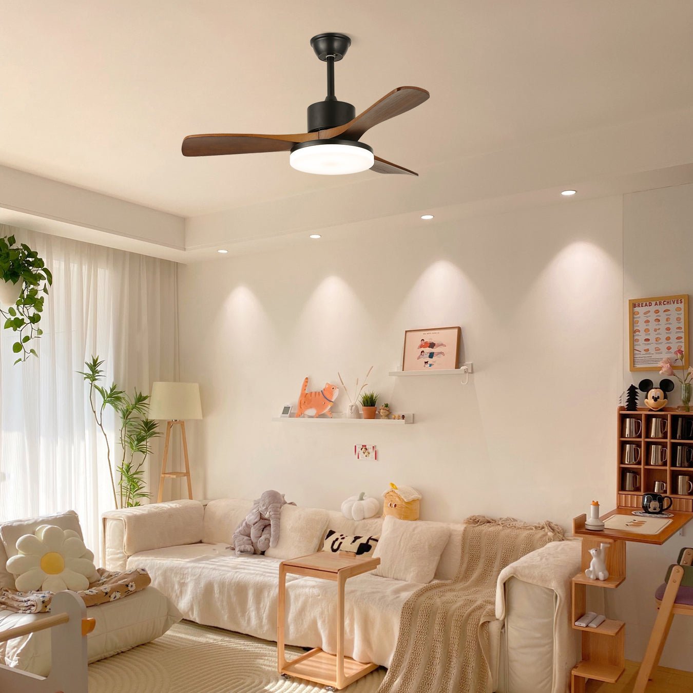Walnut Timber Blade Remote Ceiling Fan / ∅ 52″ x H 11.8″ / Model C Walnut Wood Grain & Black / Three-Color Changing Light