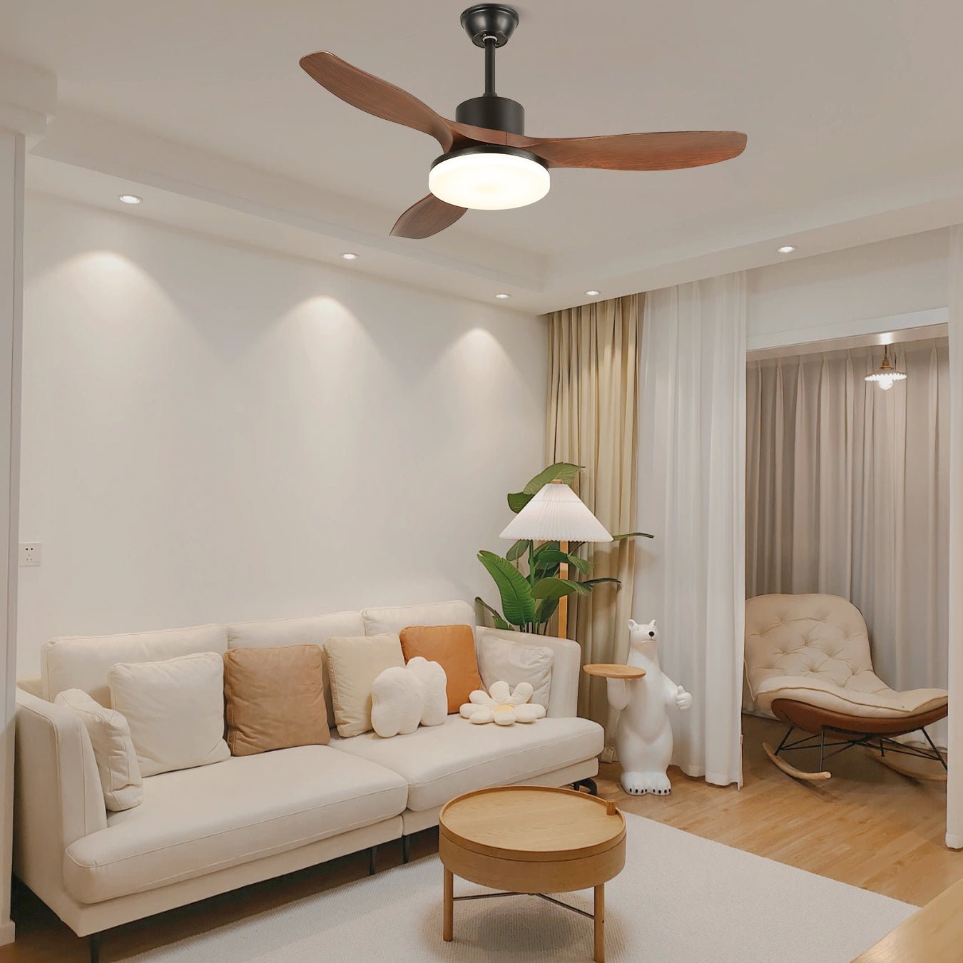 Walnut Timber Blade Remote Ceiling Fan / ∅ 52″ x H 11.8″ / Model D Walnut Wood Grain & Black / Three-Color Changing Light