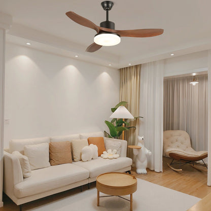Walnut Timber Blade Remote Ceiling Fan / ∅ 52″ x H 11.8″ / Model D Walnut Wood Grain & Black / Three-Color Changing Light